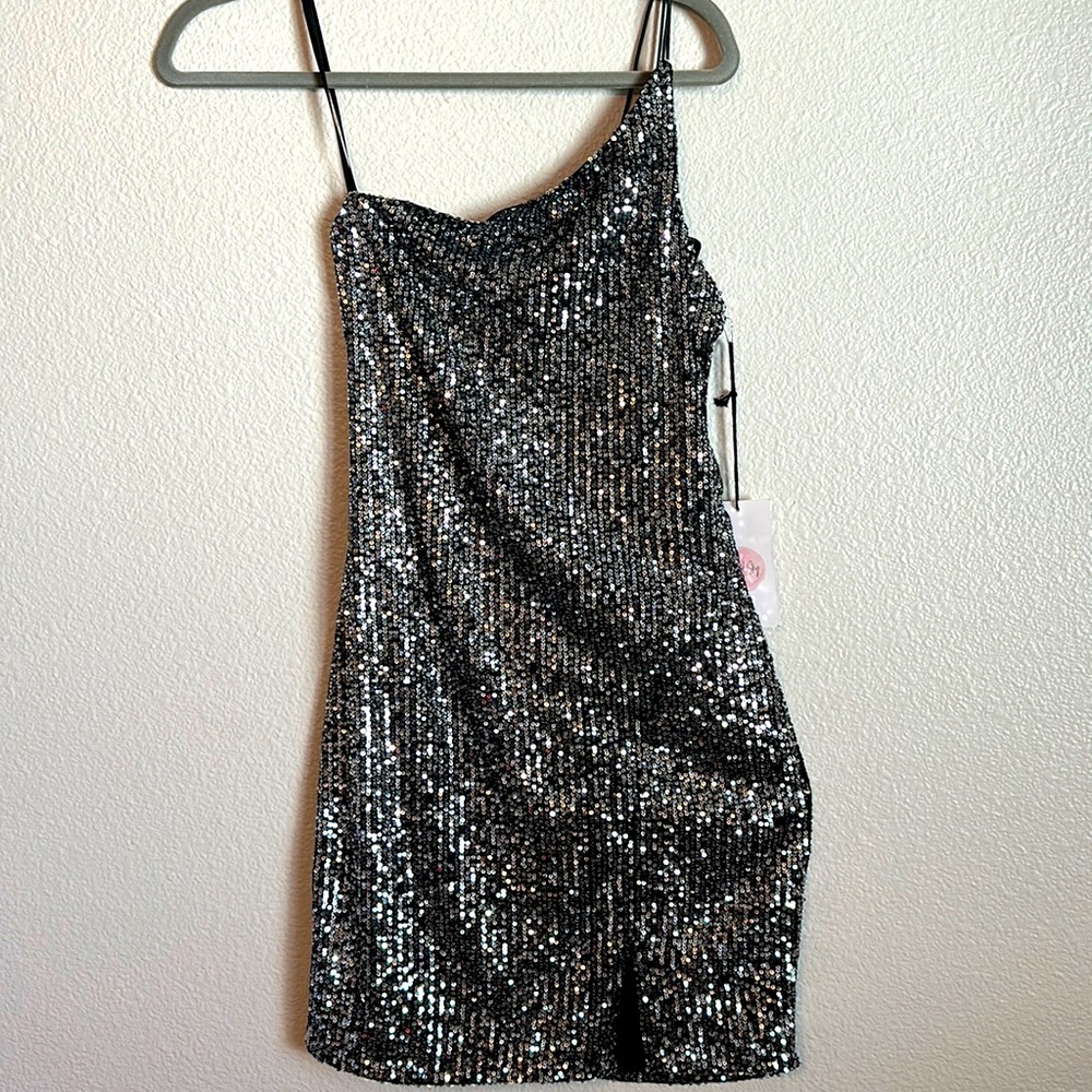 One Shoulder Black Sequin Mini Dress. NWT